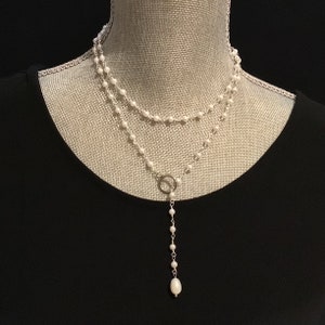 DAINTY Pearl Lariat-please pay attention to dainty, silver gold pearl rosary chain lariat, Bridesmaid Bridal wedding, boho bead lariat image 2