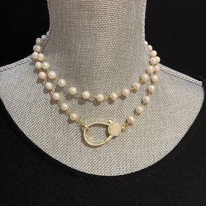 Pearl Rosary Chain Necklace: Gold Pave Lobster Clasp, Freshwater Pearls