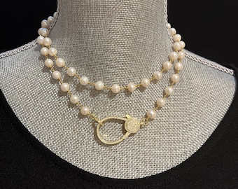 Pearl rosary chain with large gold pave lobster claw clasp, front clasp necklace, natural freshwater pearl, interchangeable pendants