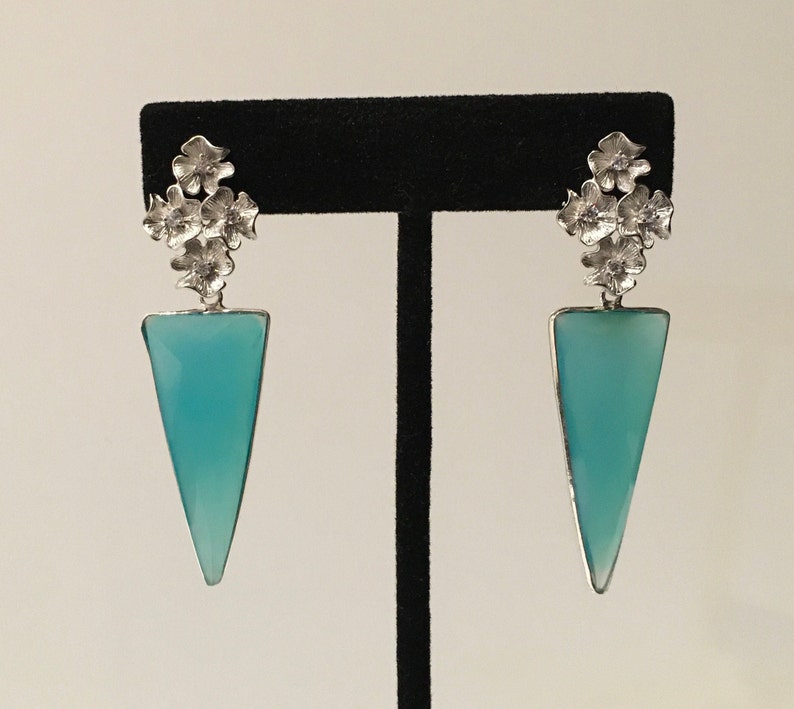 Gemstone dagger earrings triangle bezel set gemstone earrings Aqua Chalcedony Earrings silver flower earrings Art Deco flower earrings