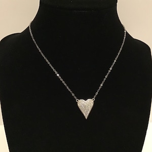 Sterling Silver Pave Heart Choker: Cubic Zirconia Charm Necklace