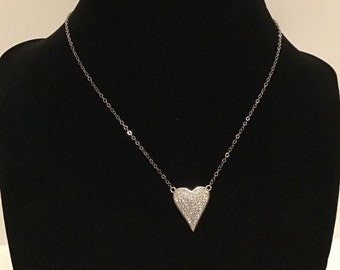 Sterling Silver Pave Heart Choker: Cubic Zirconia Charm Necklace