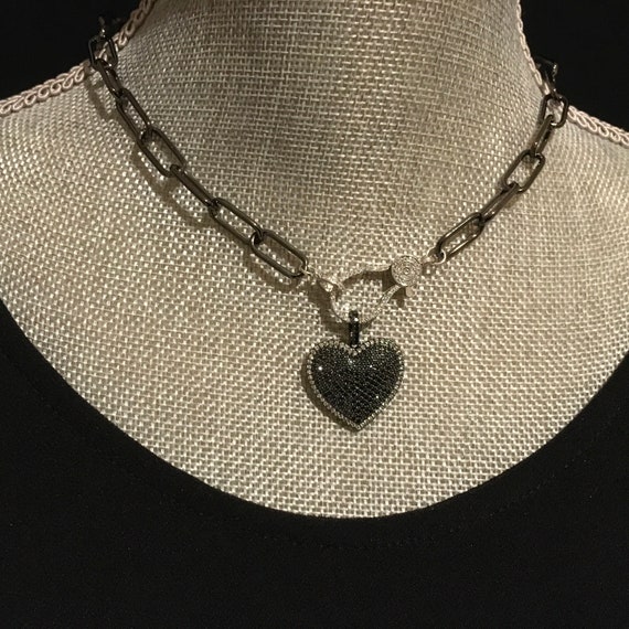Black Paperclip Chain With Pave Clasp and Pendant Pave Heart | Etsy