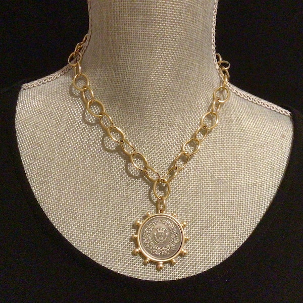 French Coin Necklace, matte antique gold or silver chunky chain necklace, two tone coin necklace choker, coin medallion silver gold