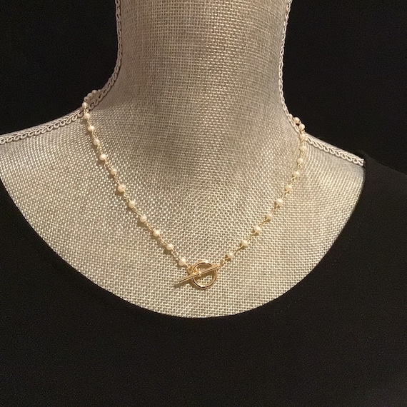Dainty Pearl Rosary Chain Necklace, Gold Filled Toggle Clasp necklace, sterling silver pearl rosary chain necklace