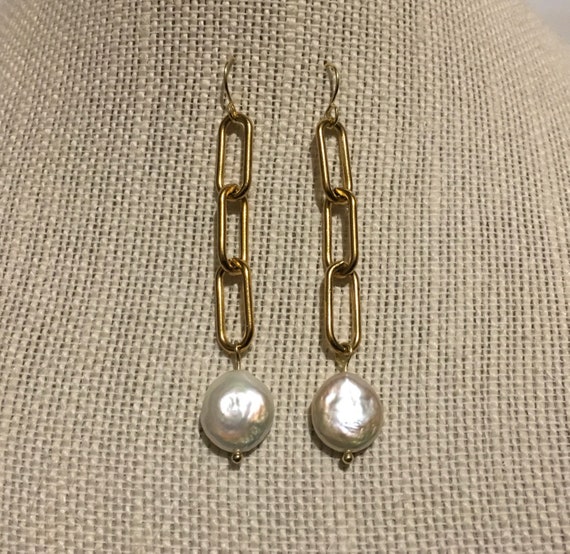 Paperclip Chain and Pearl Earrings Pearl Dangle Earrings Etsy