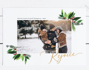 Religious Christmas Photo Card, Photo Christmas Card, Holiday Card, Rejoice Holiday Card, Modern, Christian, Holiday Photo Card Gold