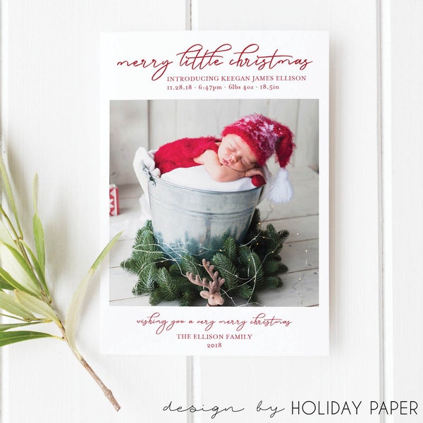New Baby Christmas Card, Merry Little Christmas, Baby Holiday Card, Newborn Announcement Christmas Photo, Baby Birth Stats, First Christmas