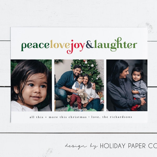 Modern Christmas Card: Peace, Love Joy & Laughter, Colorful Christmas Card, Christmas Photo Card, Colorful Christmas card