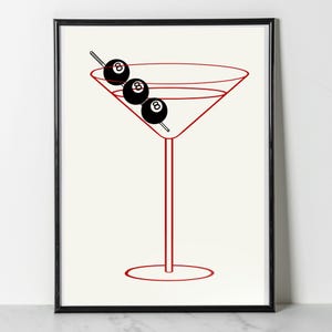 Martini i 8 ball Drink Art, Bar Cart Art, Kitchen Decor, Funky Print, Trendy teraz, Bar Decor, Czerwony, Beżowy, Cocktail Art, Czarny