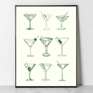 Martini Wall Digital Print, Drukowana sztuka kuchenna, Nowoczesny wydruk, Modna sztuka, Wózek barowy, Nowoczesna sztuka, Zielony, Stare pieniądze