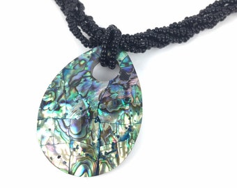 Abalone Shell Inlay Pendant Teardrop Shape Handcrafted Multi Strand Black Beaded Necklace Paua Shell Iridescent Color