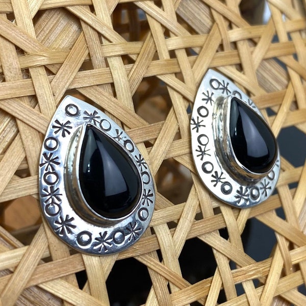 Vintage Native American Sterling Earrings Sterling Black Onyx Teardrop Navajo Jewelry Southwestern Design Signed Nakai