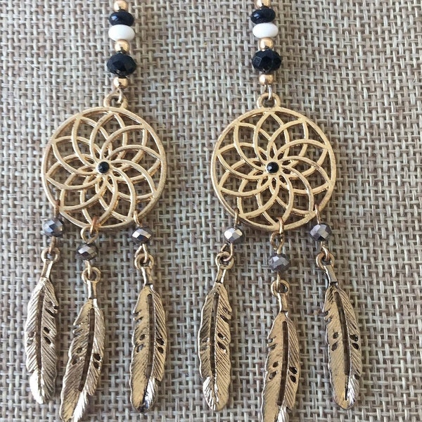 Dream Catcher Style Earrings Pierced Earrings with AB Beads Black and White Beads Beautiful Open Design Dangling Gold Toned