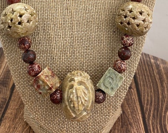 Vintage Gemstone Necklace Soapstone Jasper Brass Beaded Statement Necklace Round Square Oval Carved Beads Soap Stone