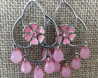 Silver Tone Dangle Earrings with Pink Flowers Pink Beads Pink Enamel Flower with Crystal Center Gift Idea for Her