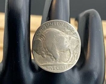 Vintage Buffalo Nickel Ring Open Band Adjustable Unisex Man Woman History Coin Jewelry Gift Idea Production 1913 to 1938 Range