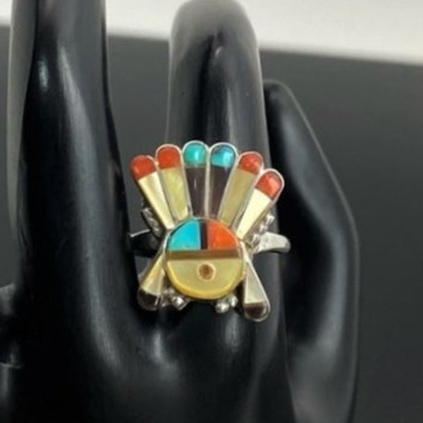 Vintage Southwestern Zuni Sunface Silver Ring Turquoise Coral Mother of Pearl Jet Southwestern Jewelry