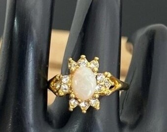 Vintage Gold Tone Opal Cabochon Ring Clear Stones Multi Stone Ring Signed