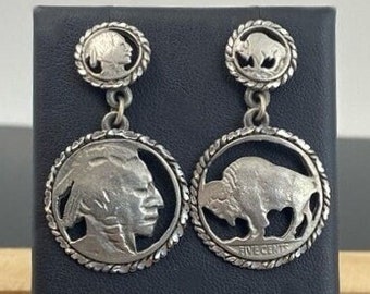 Vintage EJC Buffalo Indian Head Pierced Earrings Pewter Style 1997 Coin Style Earrings Signed