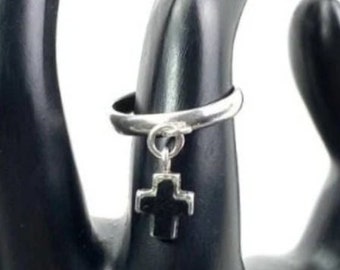 925 Silver Band Dangling Black Cross ES 925 Silver Band Cross Charm Ring Midi Ring Dangling Charm Accent Sterling Silver