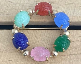 Vintage Scarab Brooch Pin Egyptian Revival Colorful Double Carved Glass Scarabs Gold Tone Circle Brooch