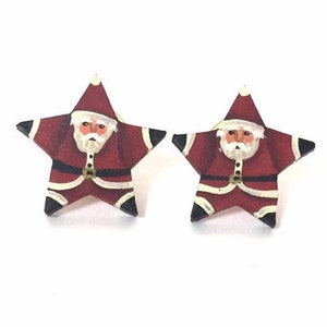 Hand Painted Santa Earrings Pierced Posts Wooden Star Shaped Holidays Christmas Jewelry Fun Fashion Super Cute Santas