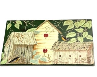 Birds and Birdhouses Wall Plaque Green Yellow Songbirds Bird Lover Gift Idea Home Accent Shelf Decor