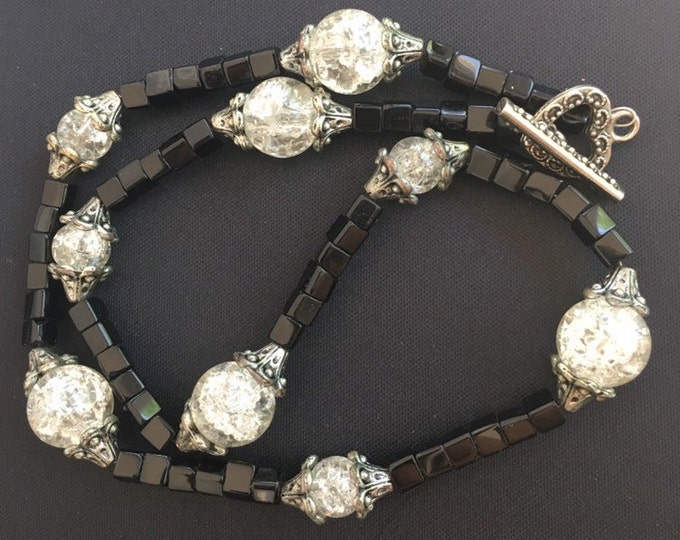 Vintage Handcrafted Black Square Bead Necklace Clear Crackle Ice Style Beads Silver Tone Accents Heart Toggle Clasp