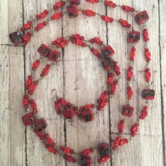 Vintage Red Glass Beaded Necklace Linked Together… - image 1