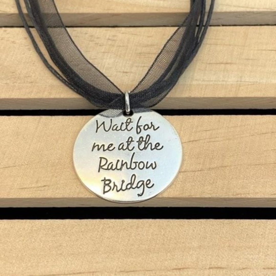 Wait for me at the rainbow bridge silver tone pendant black cord