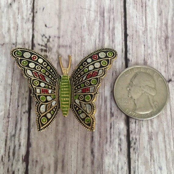 Vintage Damascene Style Butterfly Brooch Green Re… - image 4