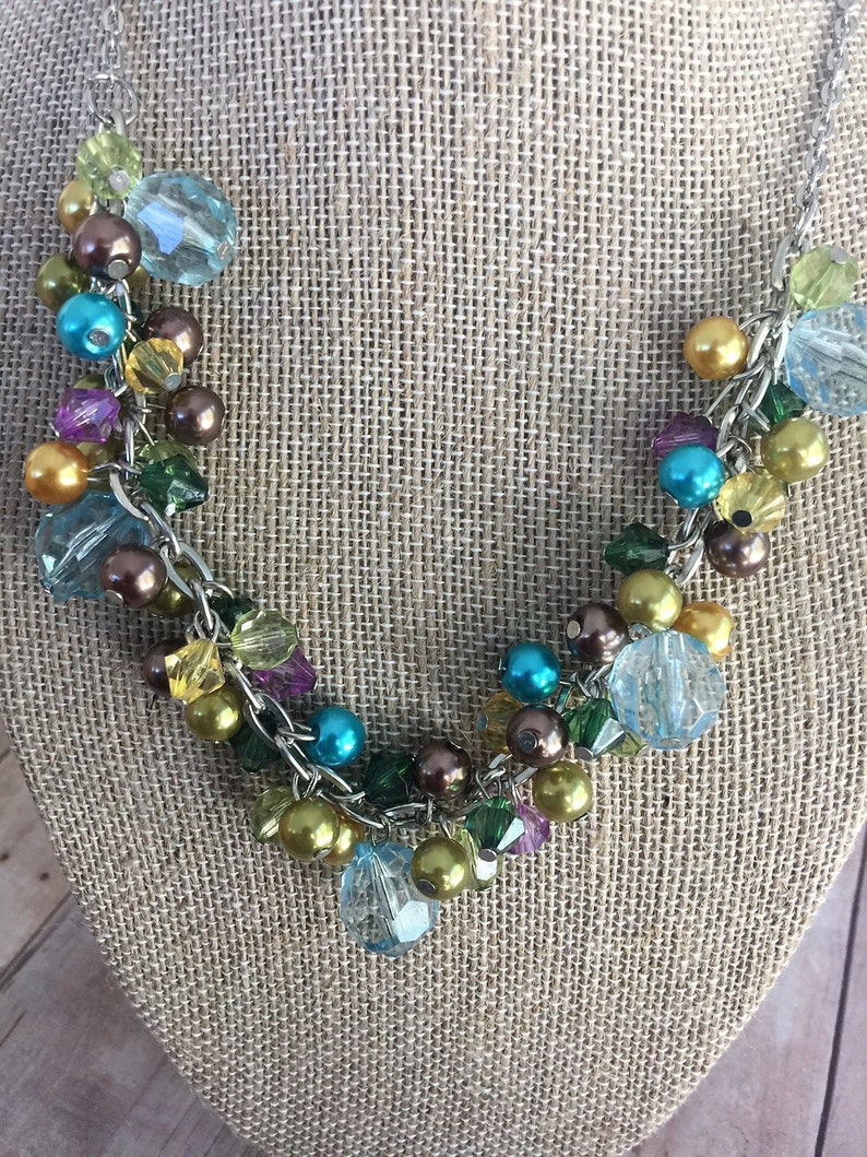 Beautiful Vintage Necklace Loaded with Dangling Beads Beads of Many Colors Silver Tone Chain Long Necklace Gift Idea