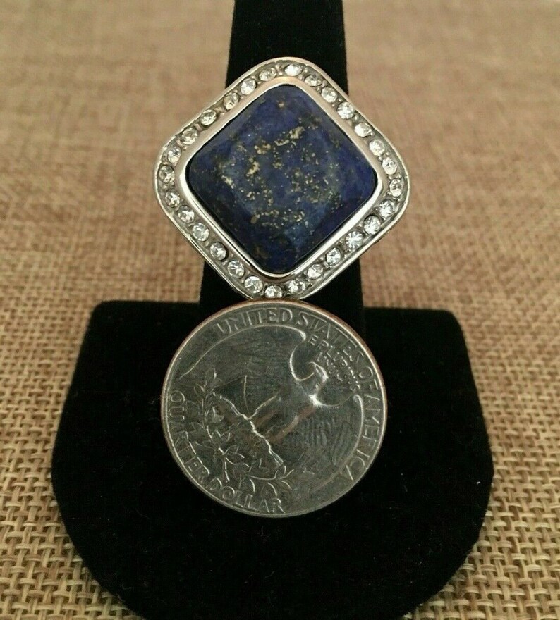 Chunky Silver Tone Dark Blue Stone Ring Blue Stone with Flecks of Metallic Gray Accents 1990/'s Clear Crystal Accents Stones