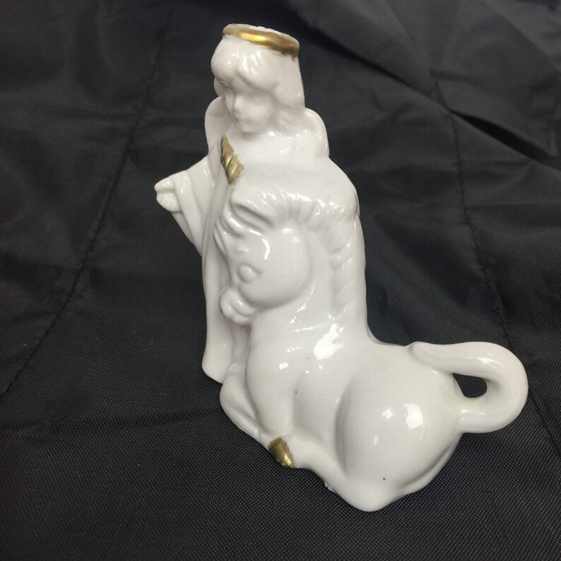 Porcelain Guardian Angel Unicorn Figurine 1980s White Gold Tone Accents Gift Idea