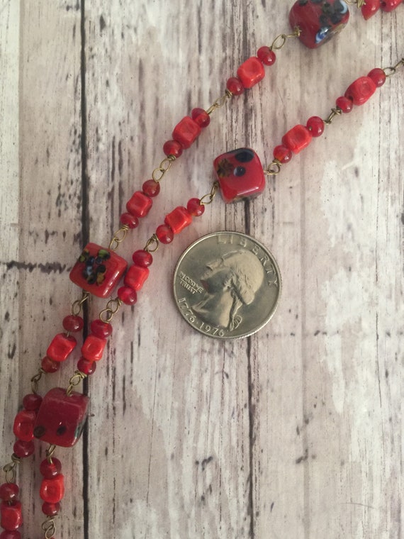 Vintage Red Glass Beaded Necklace Linked Together… - image 3