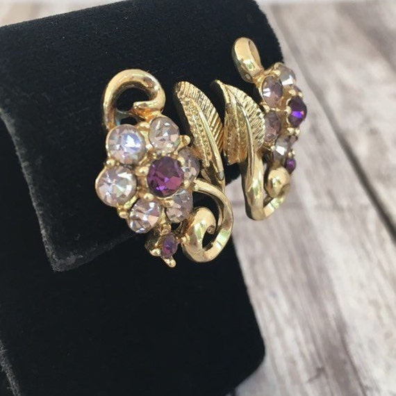 Vintage Coro Flower Earrings Purple Faceted Stone… - image 4