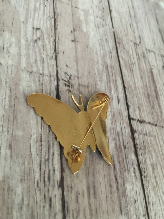 Vintage Damascene Style Butterfly Brooch Green Re… - image 5