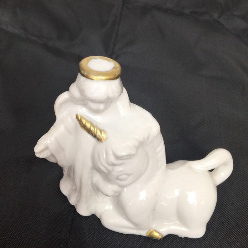 Porcelain Guardian Angel Unicorn Figurine 1980s White Gold Tone Accents Gift Idea