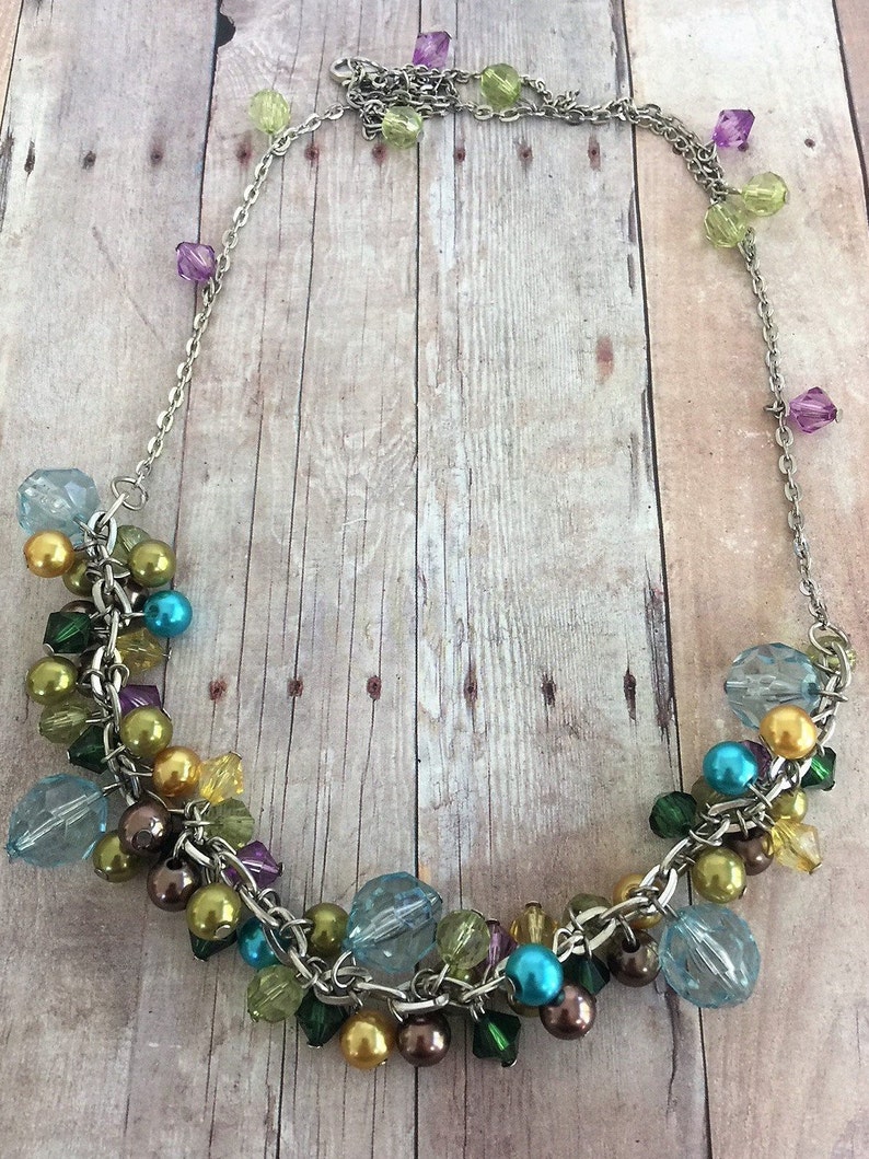 Beautiful Vintage Necklace Loaded with Dangling Beads Beads of Many Colors Silver Tone Chain Long Necklace Gift Idea
