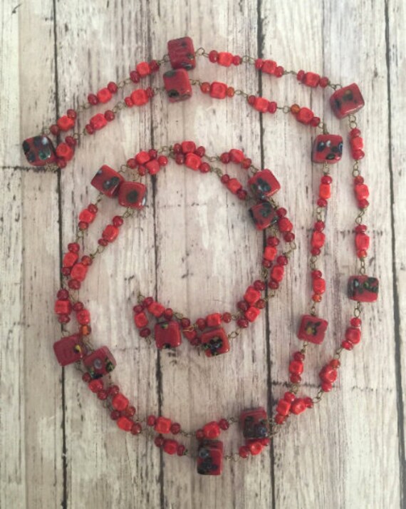 Vintage Red Glass Beaded Necklace Linked Together… - image 4