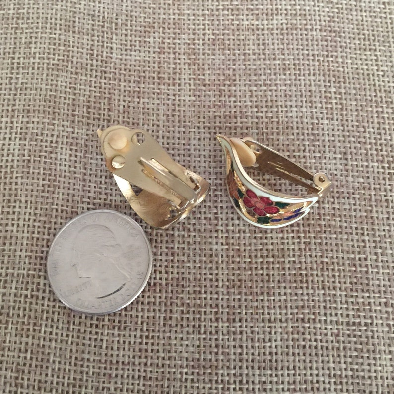 Gold Toned Cloisonne Flower Earrings Clip-On Earrings Gold Tone Base Orange Flowers Pink Flowers White Accents Lightweight