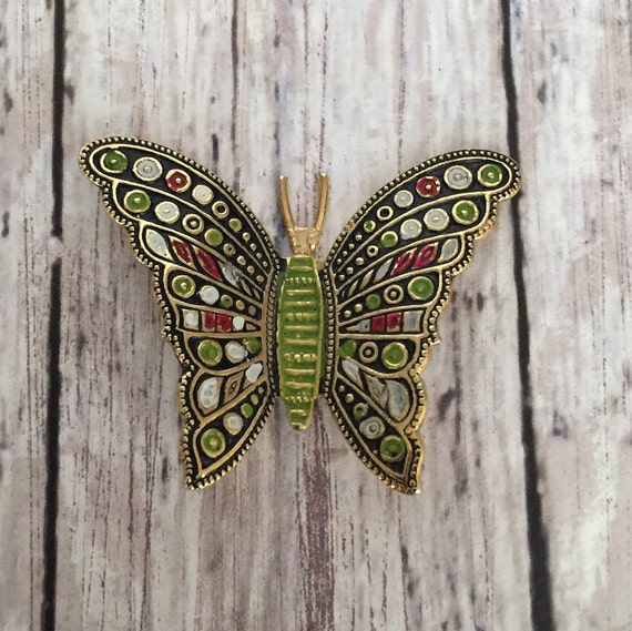 Vintage Damascene Style Butterfly Brooch Green Re… - image 3