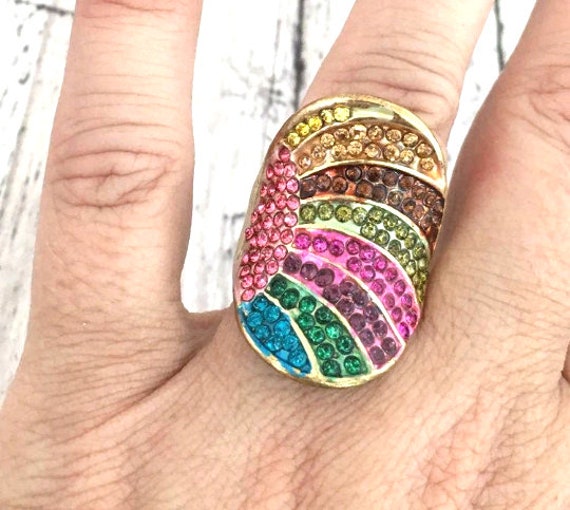 Chunky Gold Tone Ring Multi Colored Stones Enamel… - image 4