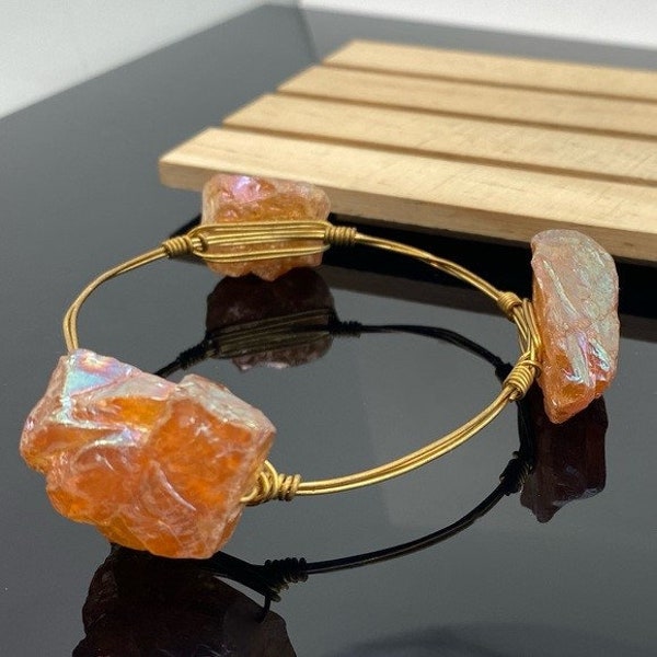 Gemstone Wire Wrap Bracelet Statement Jewelry Metallic Peach Color Brass Tone Wire