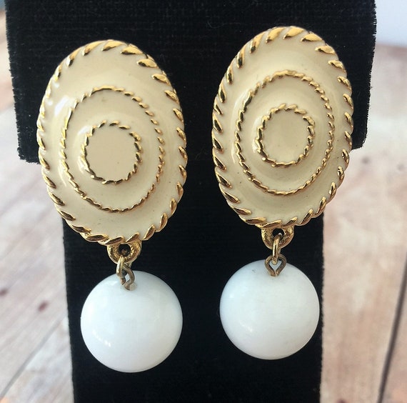 Vintage White Enamel and Dangling Bead Earrings P… - image 1