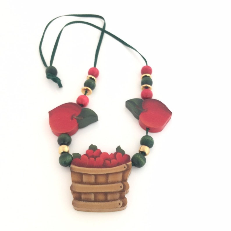 Hand Painted Apple Basket Necklace Classroom Decor Heart Shaped Apples Handcrafted Country Living Gift Idea Wood Sliding Bead