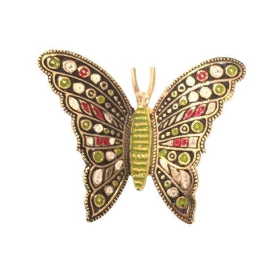 Vintage Damascene Style Butterfly Brooch Green Re… - image 1