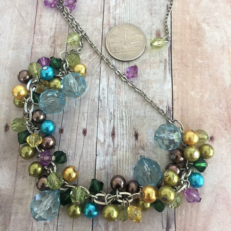 Beautiful Vintage Necklace Loaded with Dangling Beads Beads of Many Colors Silver Tone Chain Long Necklace Gift Idea
