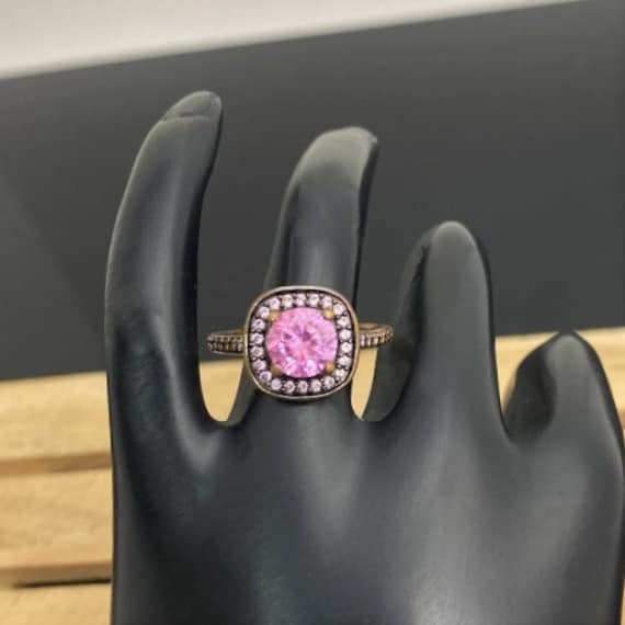 Vintage Multi Stone Ring Pink Stones Aged Gold To… - image 1